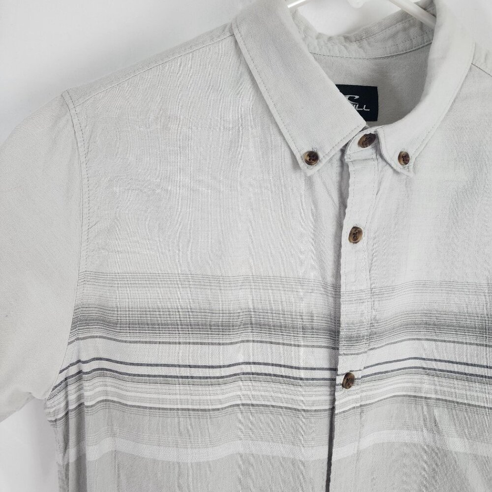 ONeill Mens XL Standard Fit Light Grey Striped Short Sleeve Button-Up Shirt - Picture 3 of 13